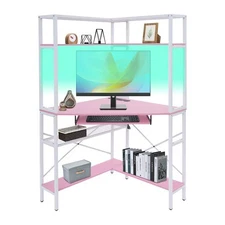 Free Standing Corner Storage Desk, Corner Computer Desk with Power Outlets Pink