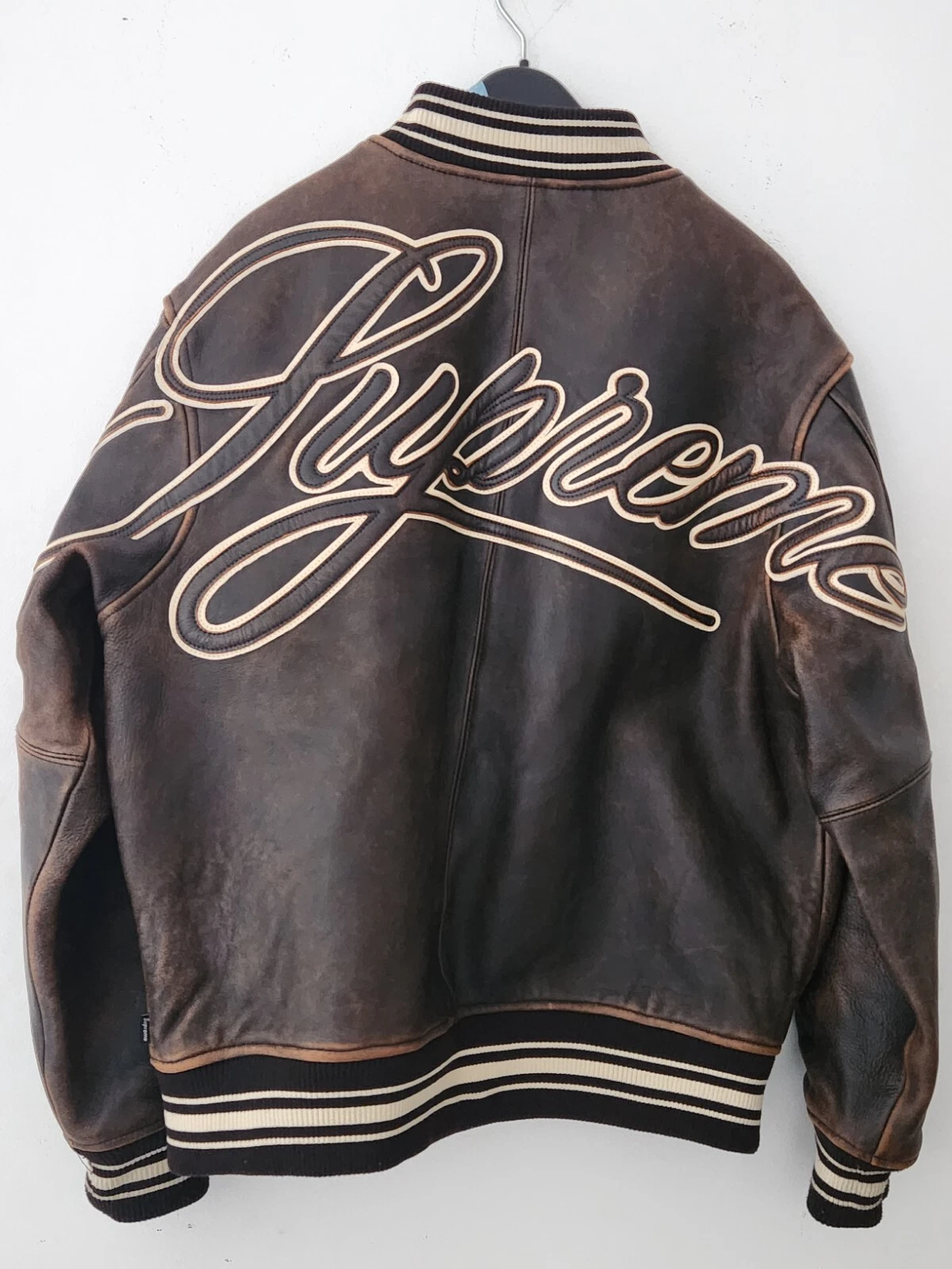 Veste Varsity En Cuir Supreme SS19 L Noir En Agneau Marron Doublure En Satin