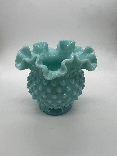 Vintage Fenton Turquoise Milk Glass Hobnail Ruffled Edges Small Vase Bowl 4 in