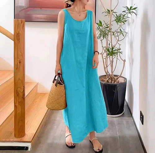 Womens Loose Camisole Dress Round Neck Cotton Linen Pocket Sleeveless Long Gown - Bild 23 von 30