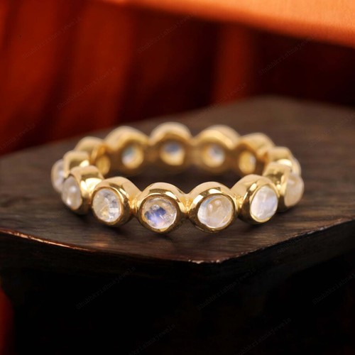 925 Sterling Silver 2 mm Round Shape Natural Moonstone Band Gold Plated Band - Picture 3 of 6