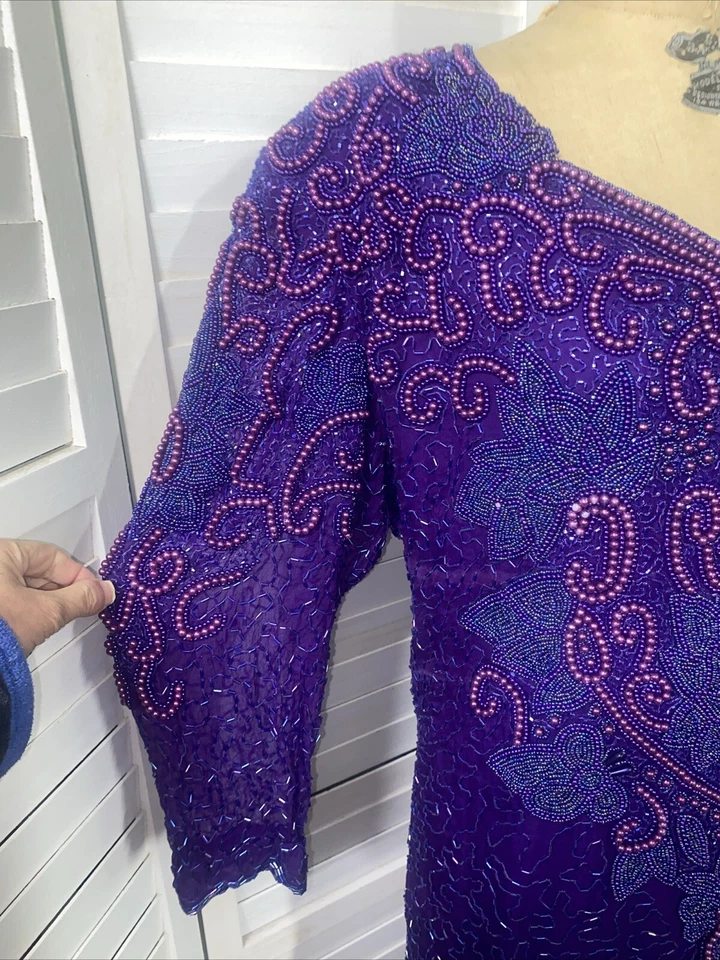 Maxi Vestido Vaina Vintage Años 80 Púrpura Lentejuelas Cuentas Largo Años 80 Seda Talla L/XL Foto 3 de 4