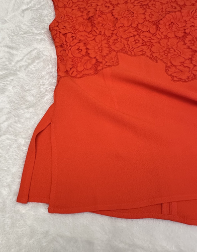 By Malene Birger Coral Red Floral Lace Overlay Blouse Cap Sleeve Top Sz L - Picture 11 of 13