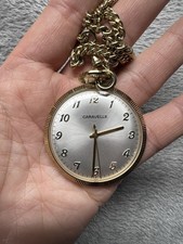 Vtg Caravelle Gold Plated Manual Wind Open Face Pocket Watch With Chain