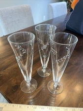 Vintage Etched Glass Pilsner Beer Glasses Wheat Design Set of 3 MCM Beer Glass