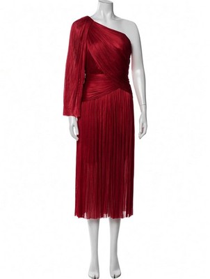 Maria Lucia Hohan Aquila Midi Gown Dress Womens 14 Maroon Red One Arm Grecian