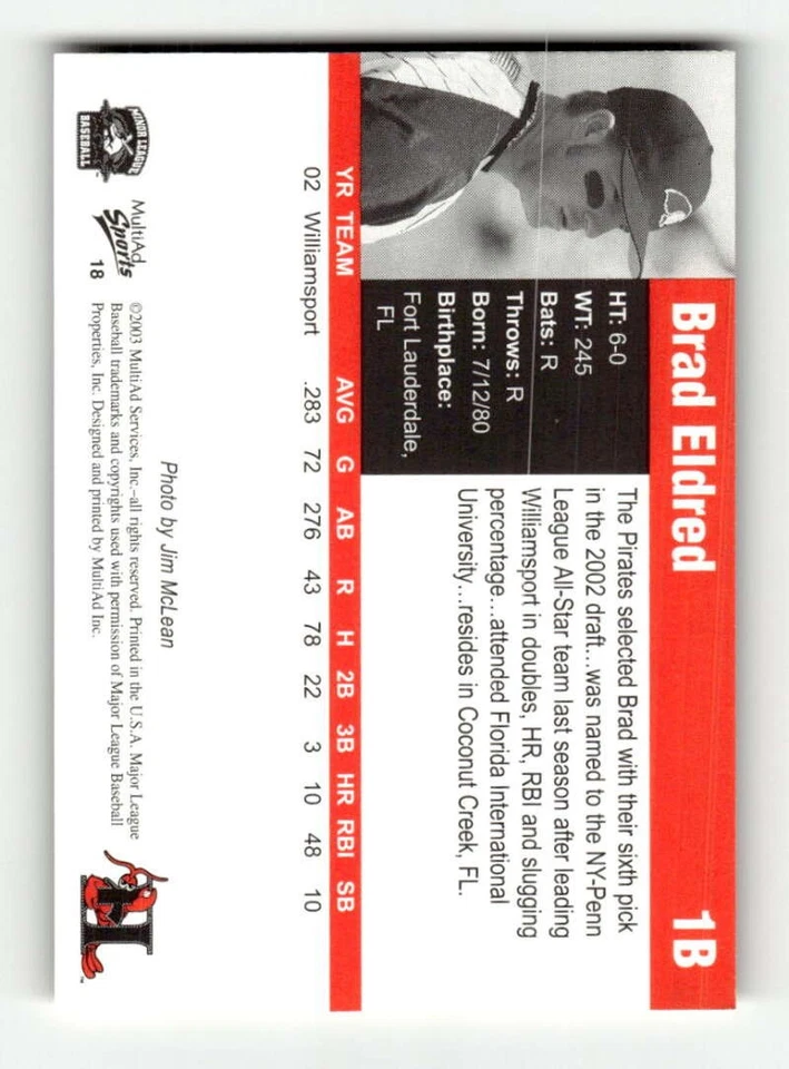2003 Multi-Ad Hickory Crawdads Update #18 Brad Eldred NM-MT very rare BXCP02 - Image 2 of 2