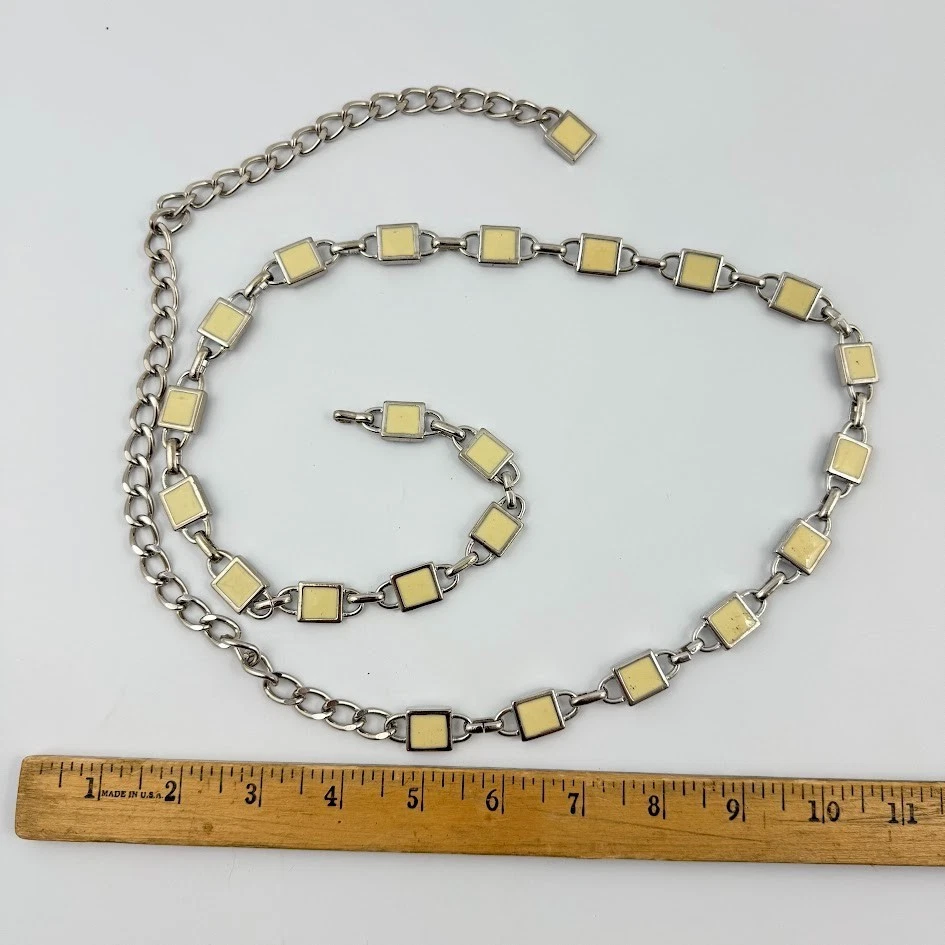 Silver Tone Chain Belt Square Cream Enamel Links Chain Disco Era Vtg 45" Long - Image 2 of 4
