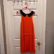WT118 by Walter Baker Orange Pleated Dress Black Peter Pan Collar Women's Size L