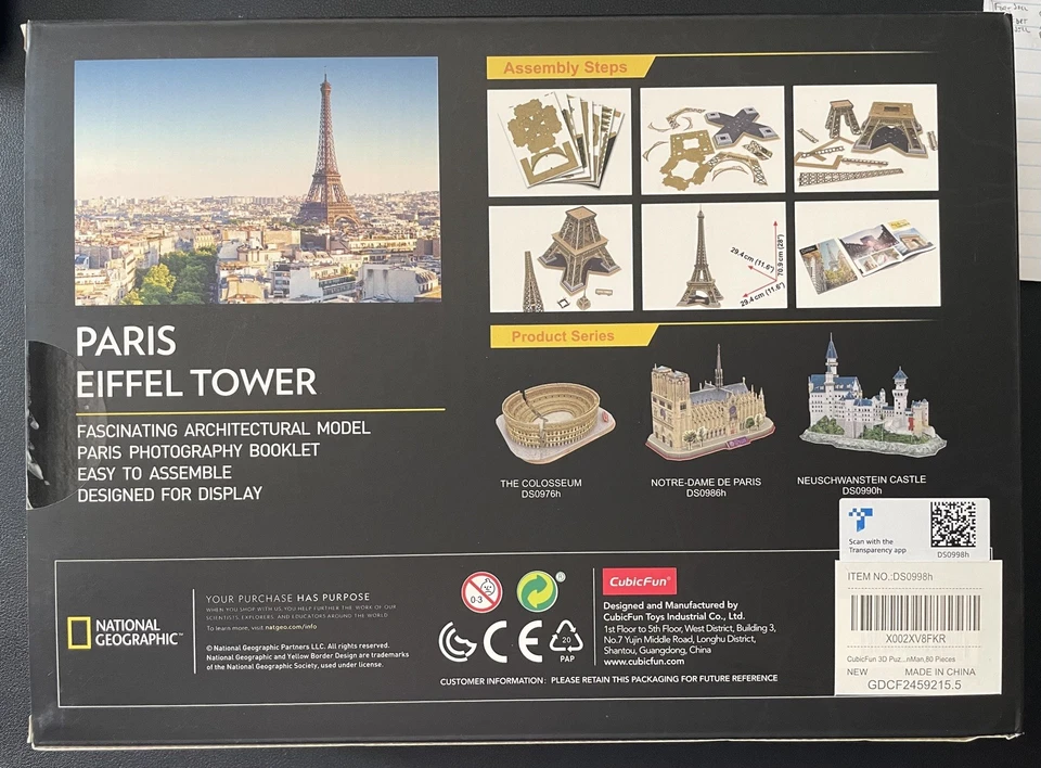 3D Puzzle EIFFEL TOWER PARIS NATIONAL GEOGRAPHIC 80 Pcs CubicFun - Image 2 of 2