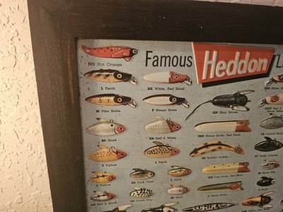 Vintage Heddon Famous Lures Metal Sign W/Matte Black Wood Frame
