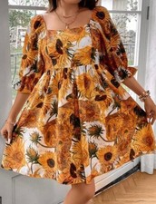 Shein Sunflower Print Smocked Midi Dress - Boho Chic Flowy A-Line, Size M