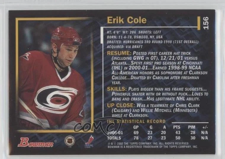 2001-02 Bowman YoungStars Ice Cubed Erik Cole #156 Rookie RC - Image 2 of 2