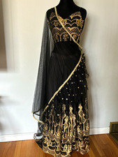 Handmade Women's Black  Gold Embroidered Choli Skirt Set Mesh Dupatta