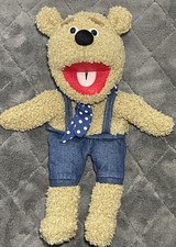Silly Puppets Silly Bear Plush Hand Puppet Polka Dot Tie  Blue Overalls 14"