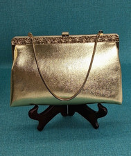 Vintage Holiday Gold Metallic Holiday Clutch Purse With Classic Metal Strap