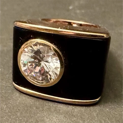 Laura Ramsey 925 Silver Modernist Vintage Ring with Crystal & Black Enamel Sz 5