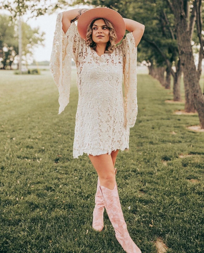 Boho Crochet Lace Bell Sleeve Dress Hippy Wedding Elopement Beach Wedding Dress - Image 4 of 4