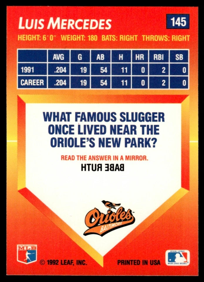 1992 Triple Play #145 Luis Mercedes Baltimore Orioles - Image 2 of 2