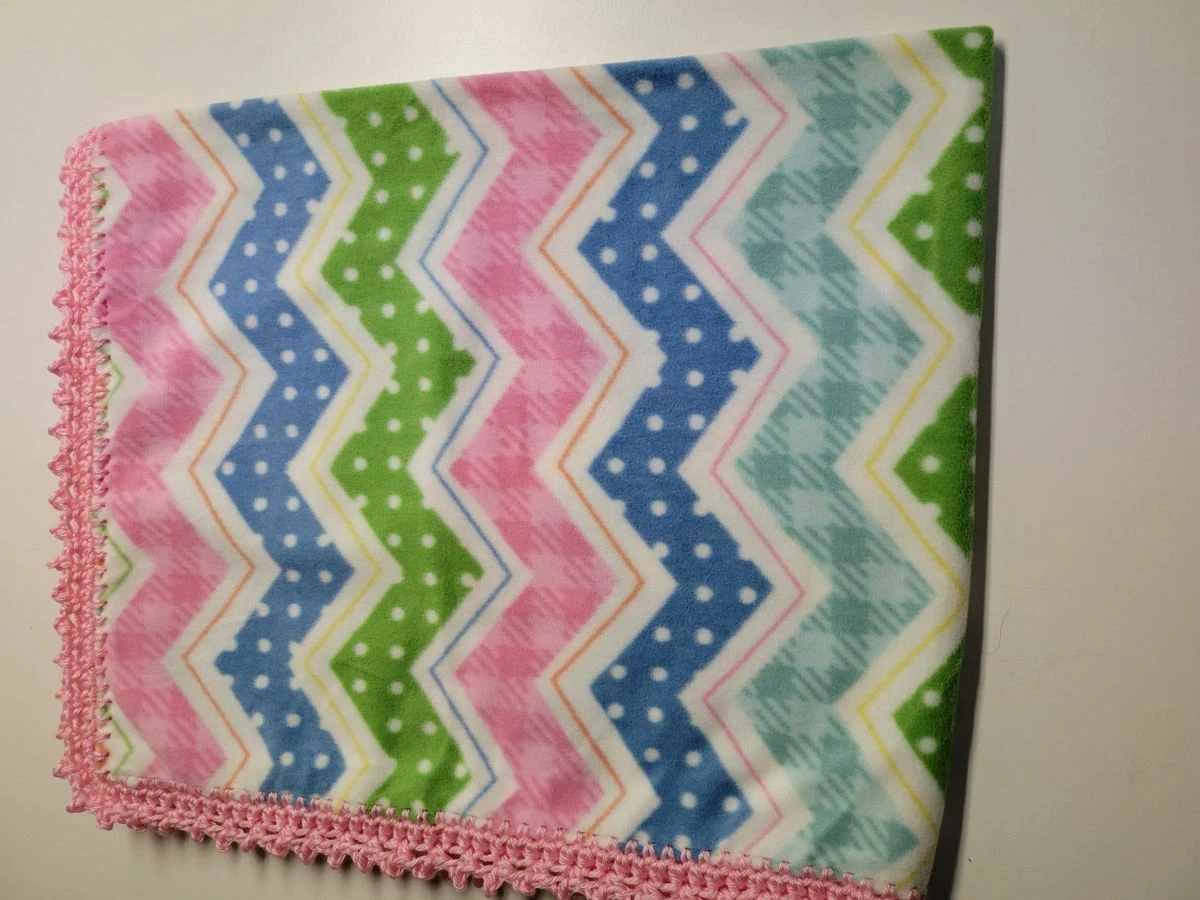 Multi Color Chevron Fleece Blanket with Pink Picot Edge