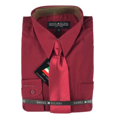 Daniel Ellissa Boys Dress Shirt Burgundy Tie Long Sleeve Convertible Cuff  Size 8 | eBay