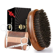 Boar Bristle Beard Brush for Men Grooming Set with Comb Scissors Travel Bag