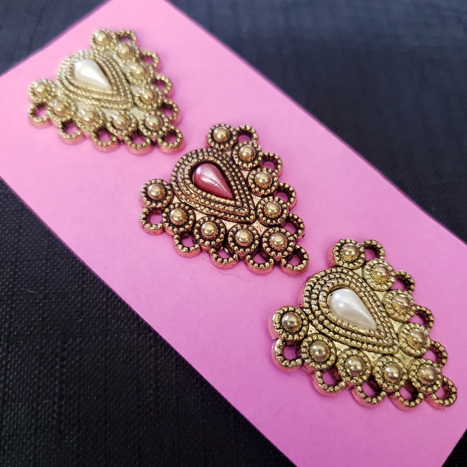 3x Vintage 3cm Faux Pearl Teardrop Ornate Gold-Toned Buttons Shank Rose-Gold - Image 3 of 4