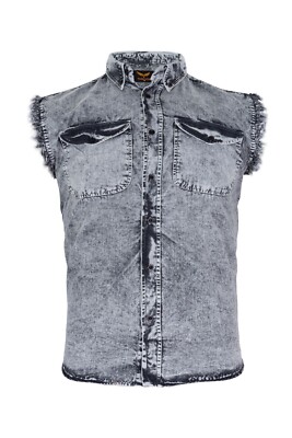 Mens Cotton Stonewash Button Acid Wash Cut Off Shirt Frayed Sleeves 8 Colors