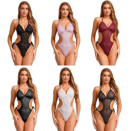 Damen durchsichtig Netz Body Bademode Neckholder Tanga Turnanzug Badeanzug - Bild 4 von 76
