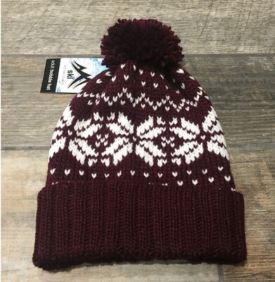 NEW BURGUNDY BOBBLE HAT FAIR ISLE WOMENS MENS UNISEX SKI BEANIE