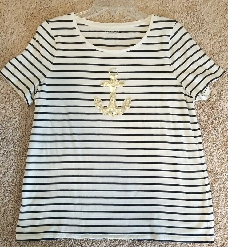 Talbots Women’s Off White Black striped T Shirt w Gold sequin Anchor Plus size X