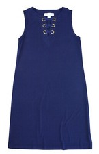 Women's MICHAEL KORS Navy Blue Casual Shift Dress w/ Gold Grommet Neck Size XS