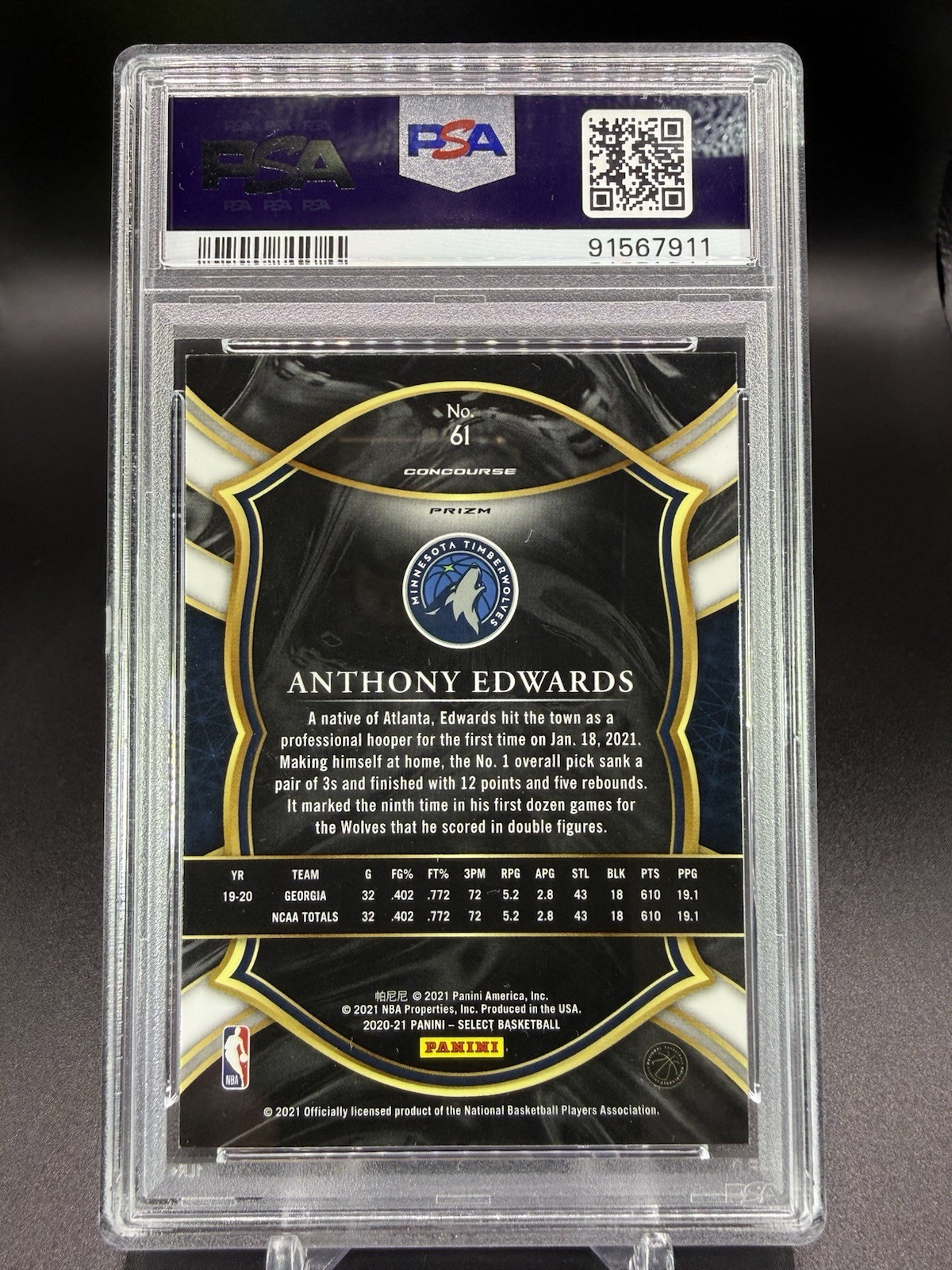 ππ₯2020 Select Anthony Edwards (RC) Blue/White/Purple Cracked Ice PSA 10π₯π view 2
