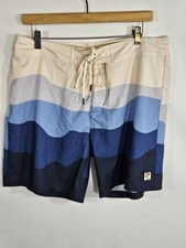 MARINE LAYER Board Shorts Mens 34 Blue Wave Print 4-Way Stretch 7" Swim Beach