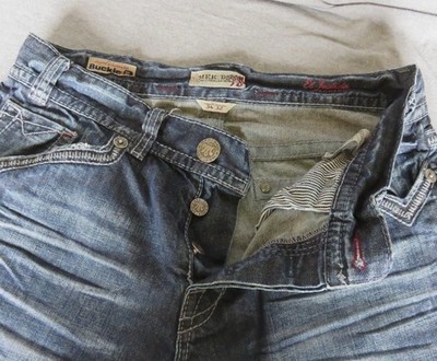 Mek El Jadida Blue Denim Boot Cut Blue Jeans Button Fly Distressed 33x31