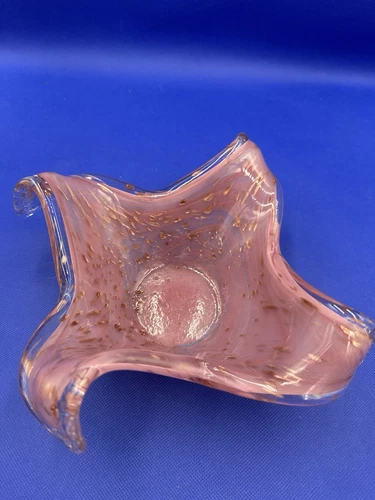 Vintage MCM Murano Style Art Glass Bowl Candy Dish Pink Gold Aventurine Flecks