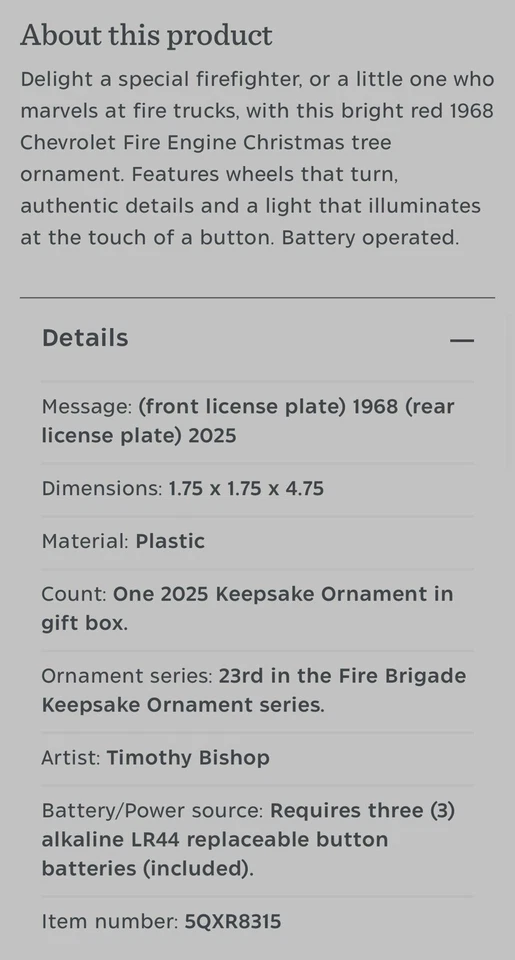 NIB Hallmark 2025 Ornament Fire Brigade 1968 Chevrolet Fire Engine With Light - Image 2 of 2