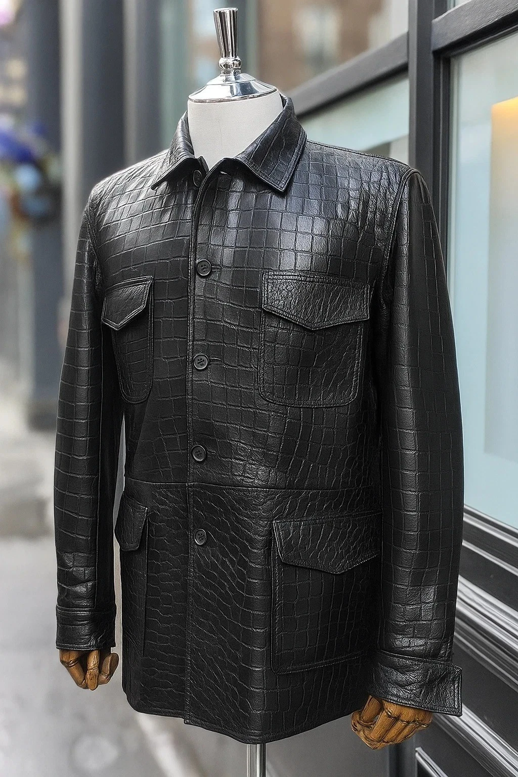 Men's Black Crocodile Embossed Leather Jacket Safari Style Flap Pockets Coat