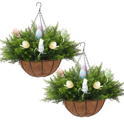 Artificial Easter Hanging Basket - 24 Cedar Branches, 12 Decorative Eggs & 2 ...