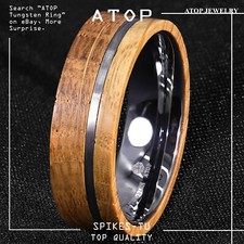 8mm Tungsten Ring With Whiskey Barrel Wood Brushed Stripe ATOP Men Wedding Ring
