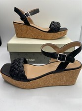 Sun  Stone Allvina Women's Black Faux Leather Adjustable Wedge Sandals NWB