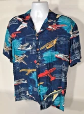 Paradise Found Mens Hawaiian Made Airplanes Shirt Blue Short Sleeve USA M