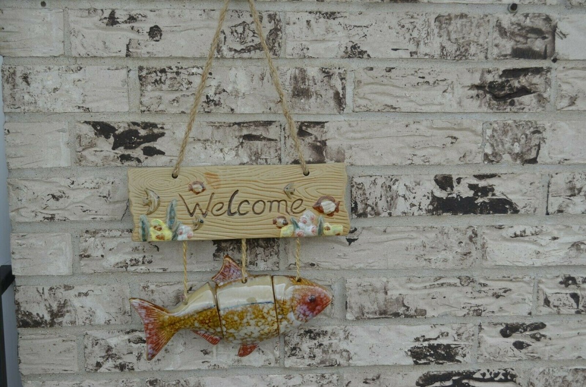 Ceramic Welcome Sign Artistic Fish Hanging Vintage Door Yard Shop