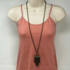 Bronze Tone Owl Pendant Necklace on a 34" Long Chain Rhinestone Eyes Enamel