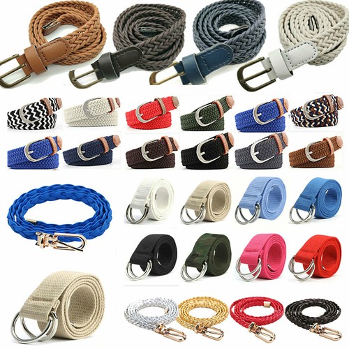 Mens WomensGirls Casual Webbing Canvas Belt Leather Trim Woven Braided Belt UK-