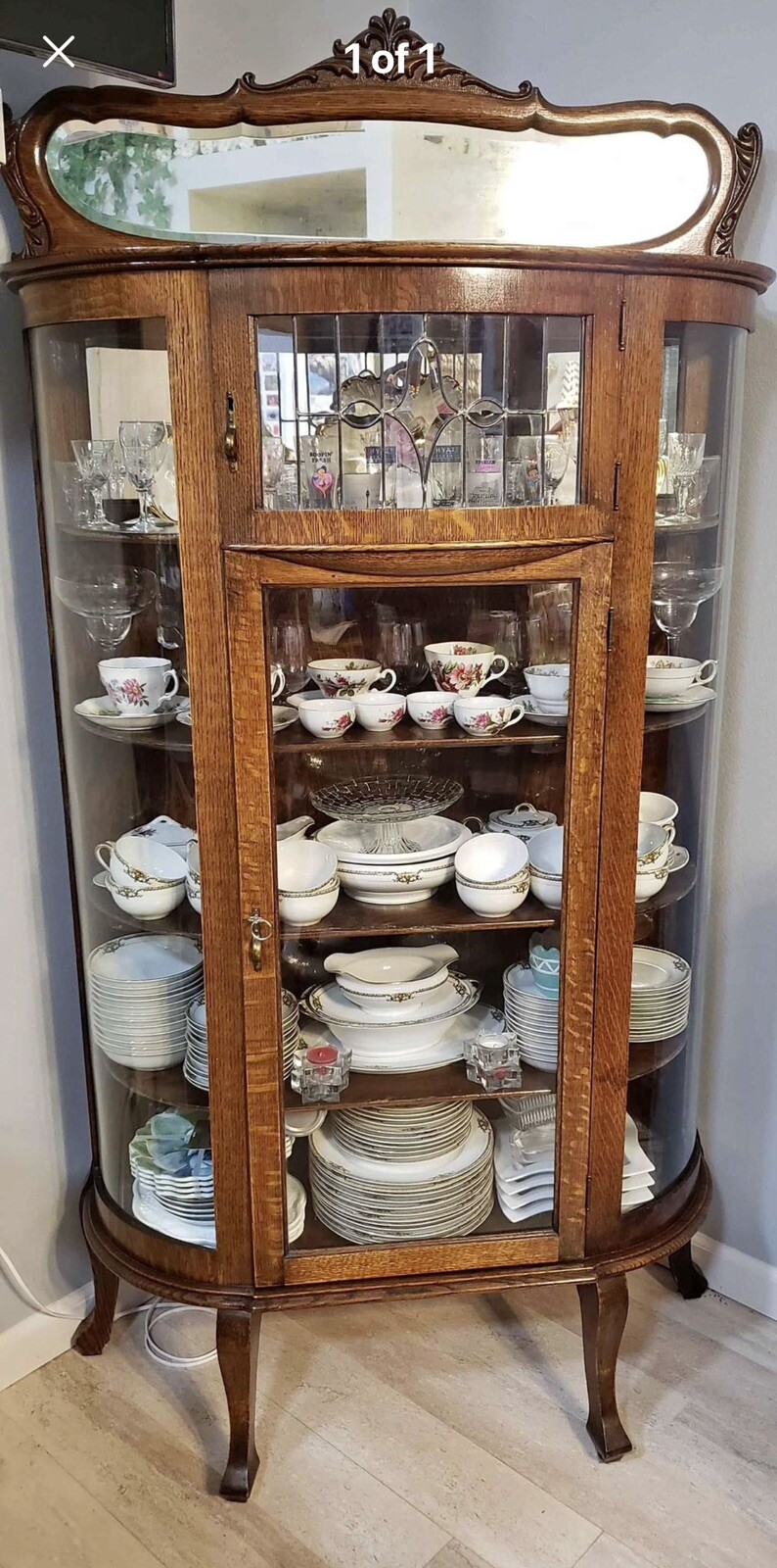 Antique Oak Curved Glass China Hutch Curio Leaded Mirror Carved Ornate