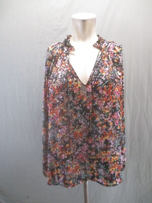 H&M Size M Womens Floral V-Neck Tie Long Sleeve Oversized Pleated Blouse 002