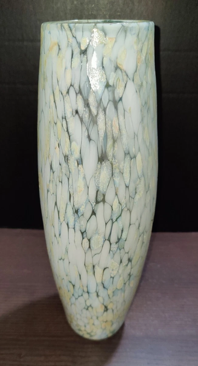 West Elm Recycled Glass Vase Splatter Speckle White Tan Tall Hand