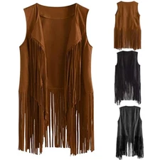 70s Retro Hippie Faux Suede Sleeveless Tassels Fringe Vest Cardigan Jacket Women