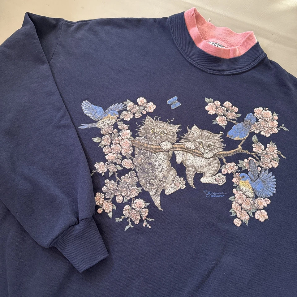Vintage 90s Morning Sun Floral Kittens Pullover Crew Neck Size XL Sweatshirt - Image 2 of 4